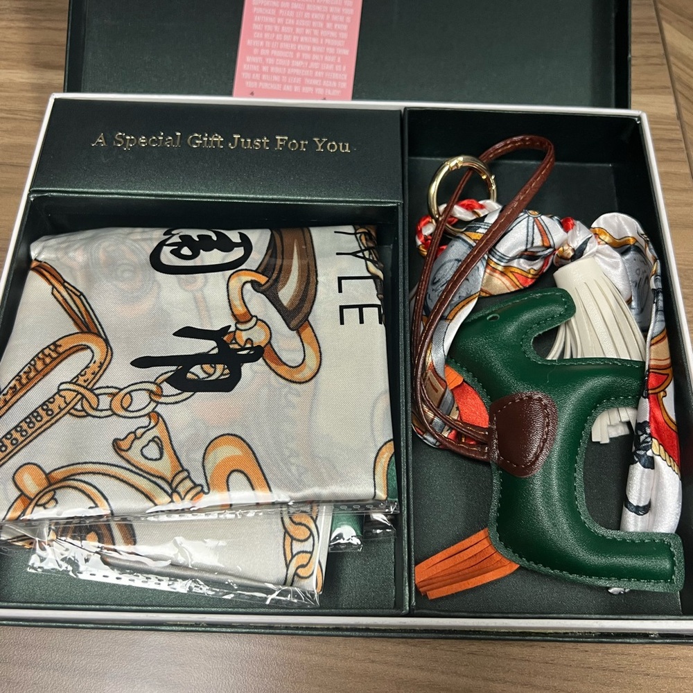 Green Leather Keychain with 100% silk Scarf Set